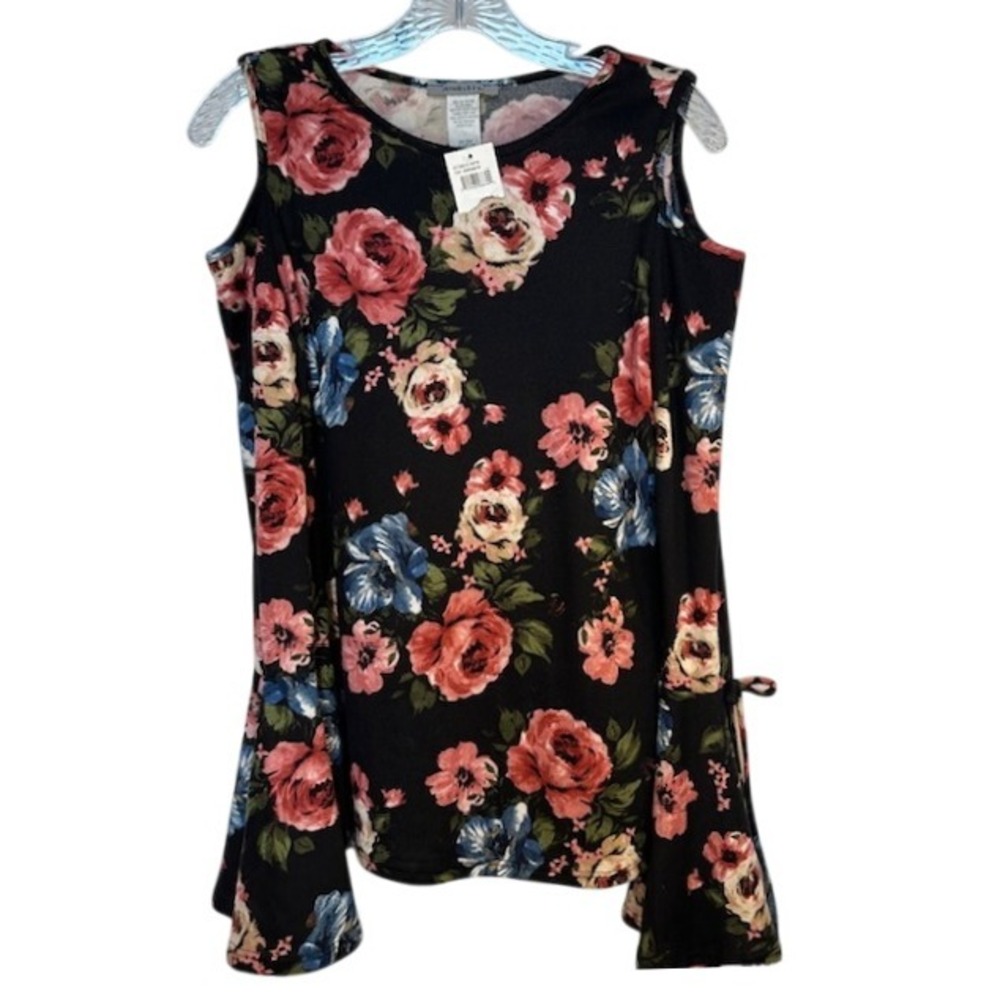 NWT Amelia & Joe Rose Floral Black Long Sleeve Cold Shoulder‎ Women's Blouse LG